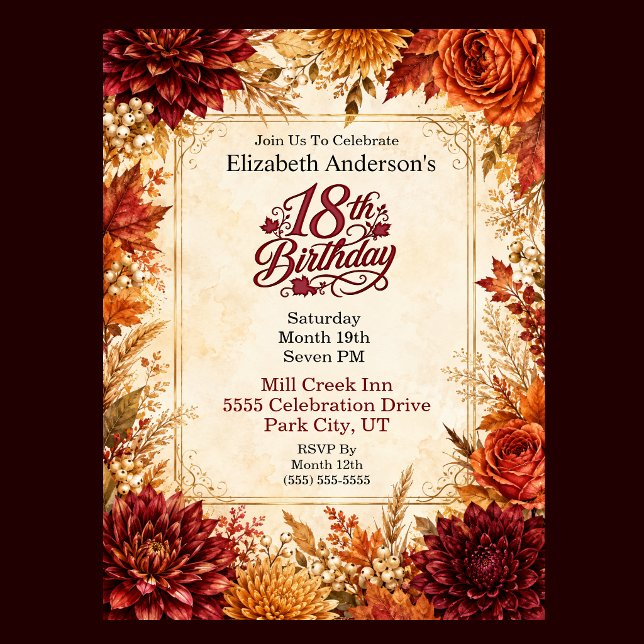 Lyxig Höst 18-års Födelsedagsfest Inbjudningar (Luxury Autumn 18th Birthday Invitation For Women.)