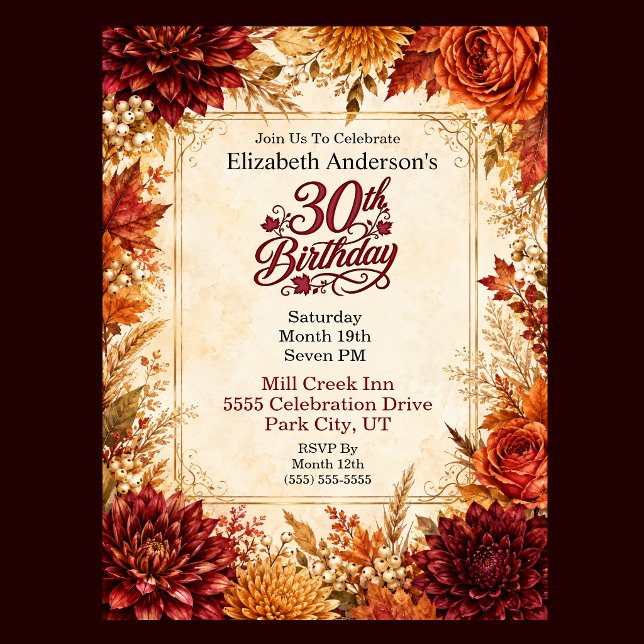 Lyxig Höst 30-års Födelsedagsfest Inbjudningar (Luxury Autumn 30th Birthday Invitation For Women. )