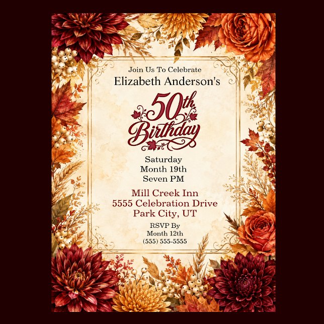 Lyxig Höst 50-års Födelsedagsfest Inbjudningar (Luxury Autumn 50th Birthday Invitation For Women. )