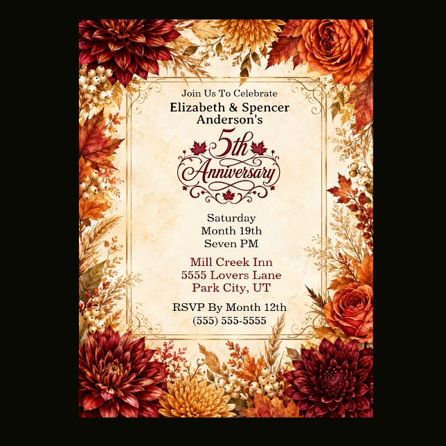 Lyxig Höst 5-årsjubileumskalas Inbjudningar (Luxury Fall 5th Anniversary Party Invitation.)