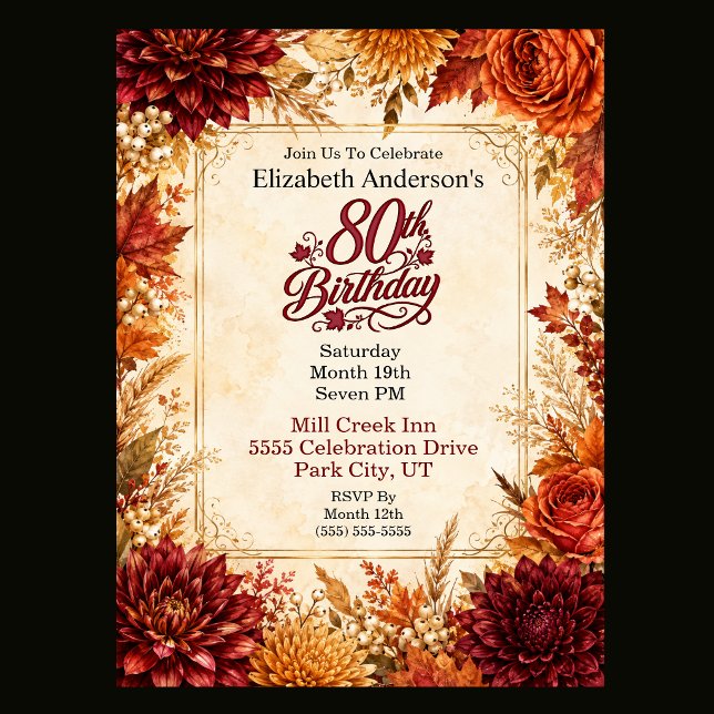 Lyxig höst 80-årsfest inbjudningar (Luxury Fall 80th Birthday Invitation For Women.)