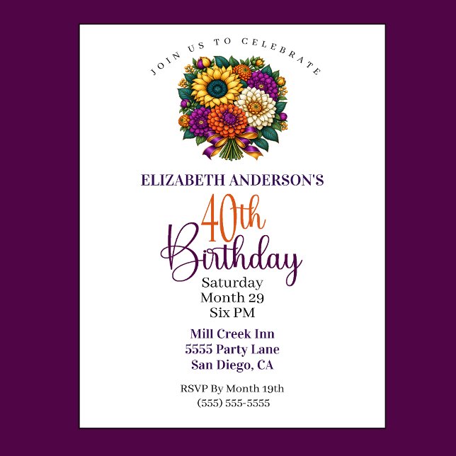 Lyxig höstblomsterbukett 40-årsdag inbjudningar (Opulent Autumn Flower Bouquet 40th Birthday Invitations For Women.)