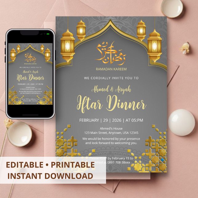 Lyxig Iftar-middag i guld och kolgrått Inbjudningar (Skapare uppladdad)