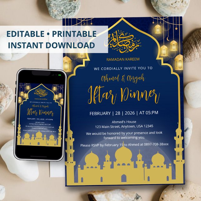 Lyxig Iftar-middag i Navyblått och Guld i Moské Inbjudningar (Skapare uppladdad)