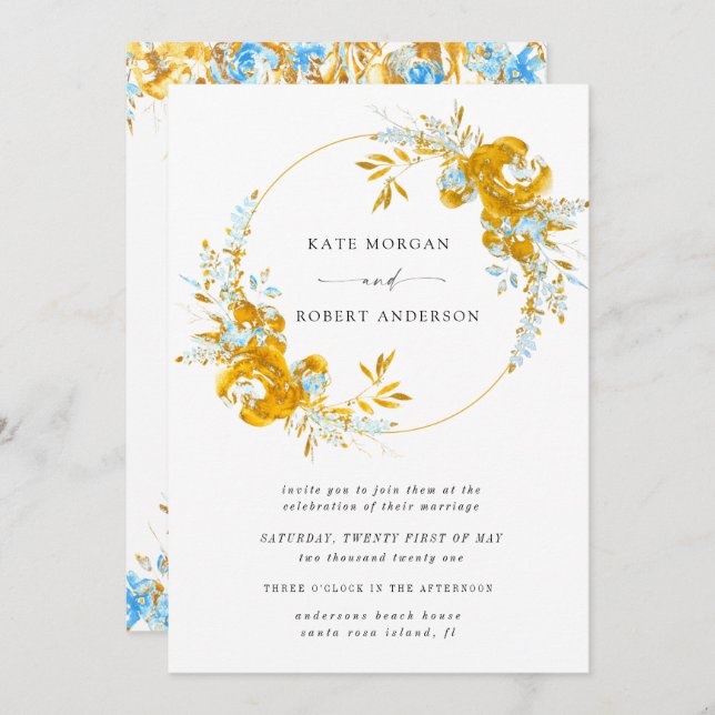 lyxig inbjudan till blommigt för turkos i guld (Fram/baksida)