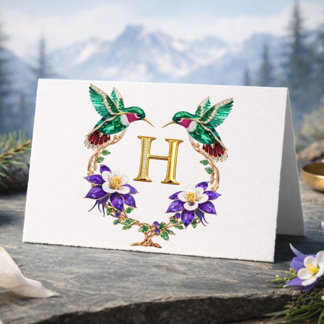 Lyxig Juvelbesatt Kolibri Monogram H Bröllop Tack Kort (Skapare uppladdad)
