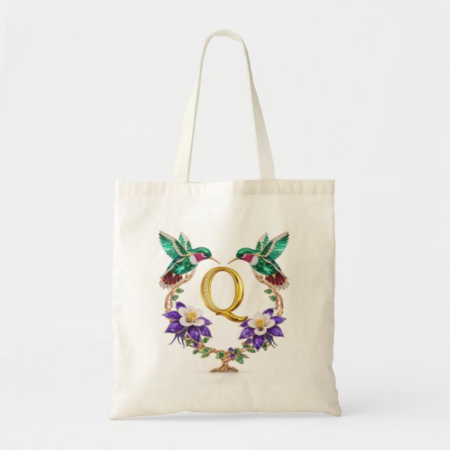 Lyxig Juvelbesatt Kolibri Monogram Q Bröllopstaska Tygkasse (Framsidan)