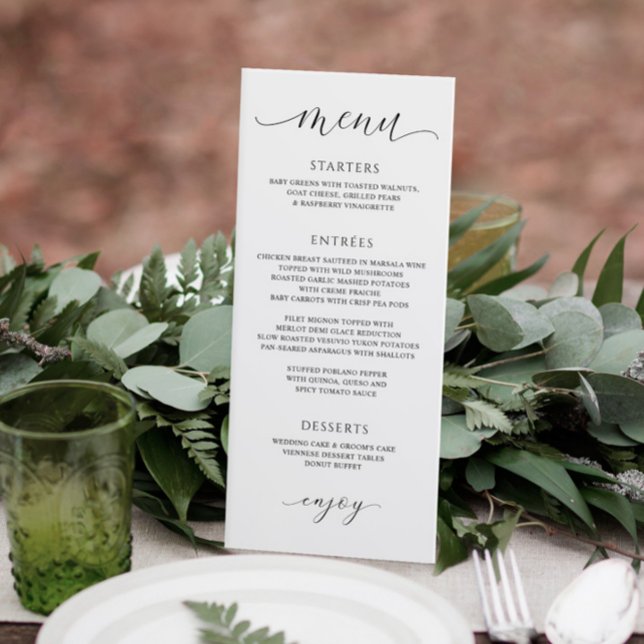 Lyxig Kalligrafi Elegant Bröllopsmottagning Meny (Elegant wedding menu on outdoor table)