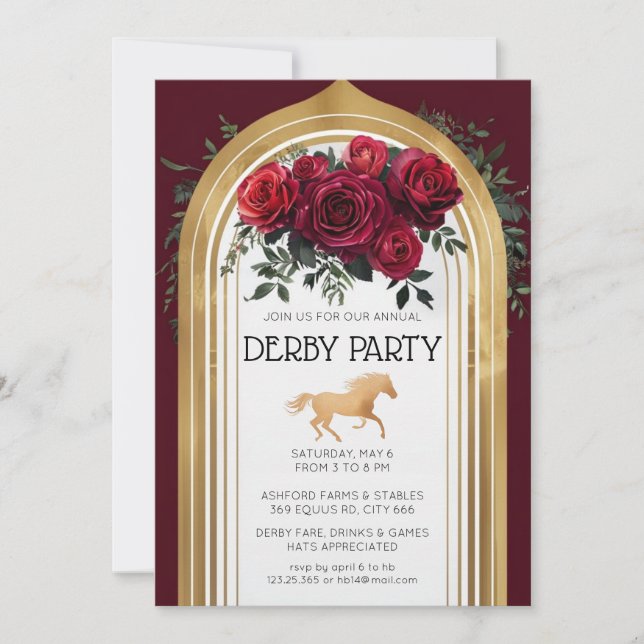Lyxig Kentucky Derby-inbjudan Guld Båge Röda Rosor Inbjudningar (Framsida)