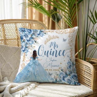 Lyxig klänning Baby Blue Gold Mis Quince prinsessa Kudde