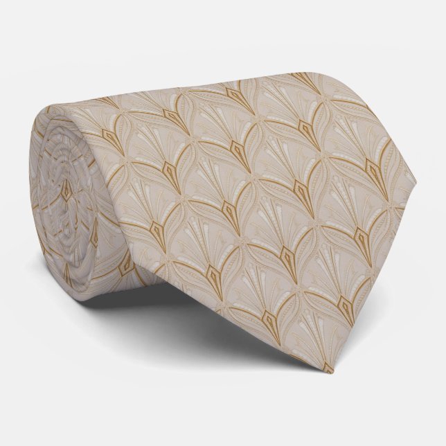 Lyxig kräm och guld Art Deco geometrisk fläkt Slips (Rullad)