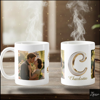 Lyxig kursiv guld vit initial C + 2 FOTO Kaffemugg