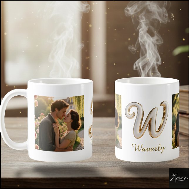 Lyxig kursiv guld vit initial W + 2 FOTO Kaffemugg (Skapare uppladdad)