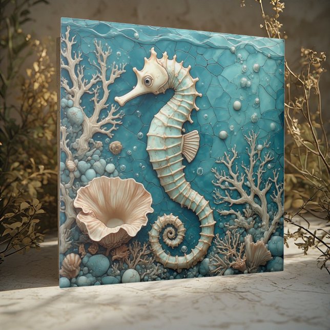 Lyxig Kust Sjöhäst Hav Korall Pärla Aquablå Kakelplatta (Luxury Coastal Seahorse Ocean Coral Pearl Aquablue Ceramic Tile)