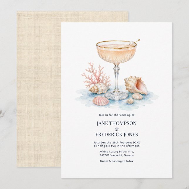 Lyxig kustchic champagne cocktail bröllop inbjudningar (Fram/baksida)