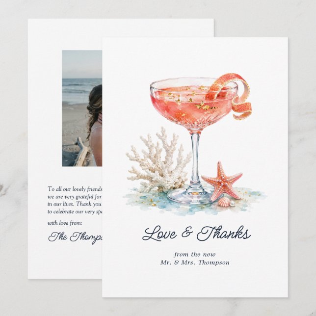 Lyxig kustchic rosa cocktail korall bröllop tack kort (Fram/baksida)