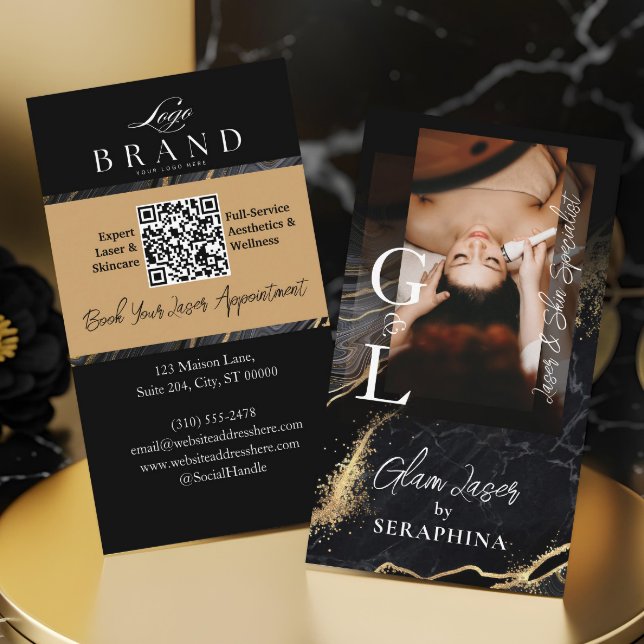 Lyxig laser- och hudtekniker Svart guldagate Visitkort (Luxury Laser & Skin Technician Black Gold Agate Business Card)