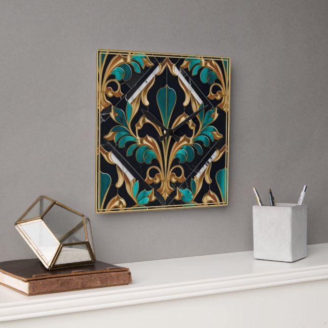 Lyxig Malakit Stens Art Deco Blommig Marmor Fyrkantig Klocka (Kontor)