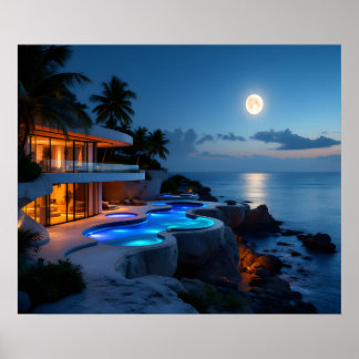 Lyxig månljust villa – Modern ocean nattestetik Poster