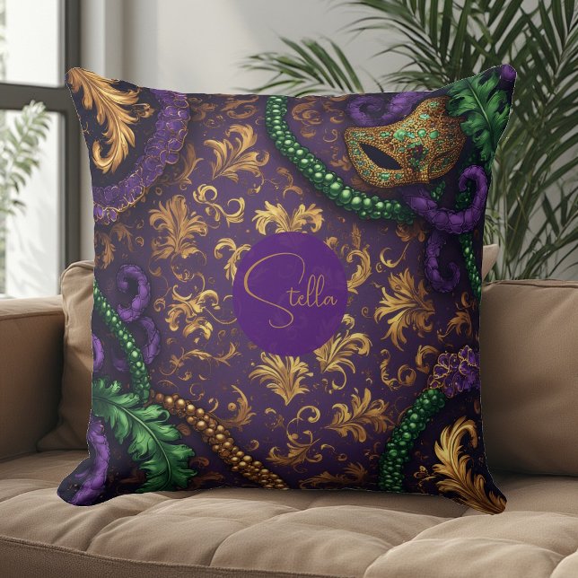 Lyxig Mardi Gras Karneval Guld Fleur-de-Lis Pärlor Kudde (Luxury Mardi Gras Carnival Gold Fleur-de-Lis Bead Throw Pillow)