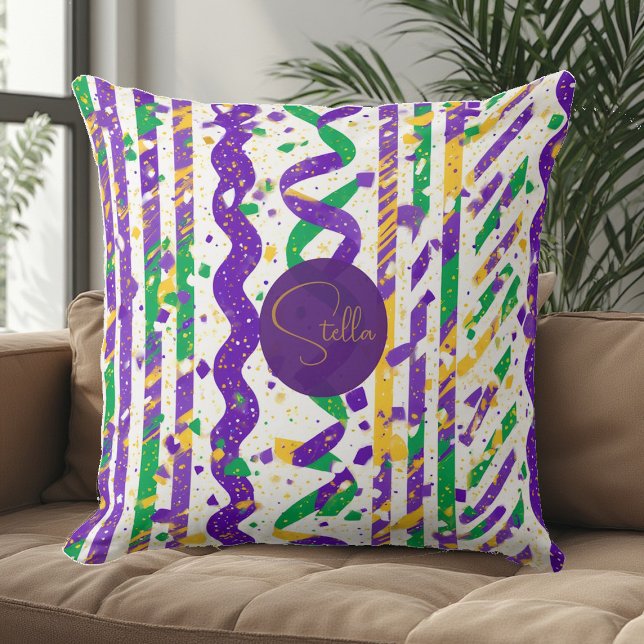 Lyxig Mardi Gras lila guld gröna ränder Konfetti Kudde (Luxe Mardi Gras Purple Gold Green Stripes Confetti Throw Pillow)