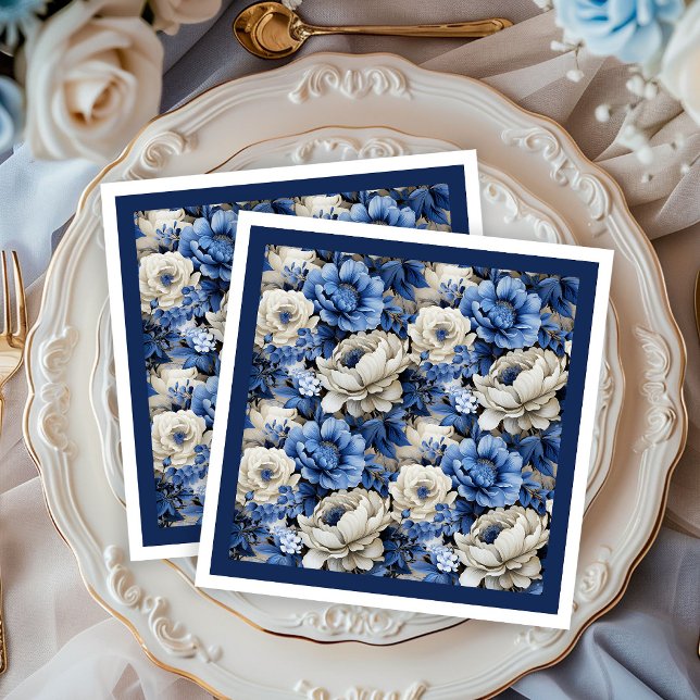 Lyxig Marinblå Blommig Elfenbensvit Elegant Middag Pappersservett (Luxury Navy Blue Floral Ivory Elegant Dinner Napkins)