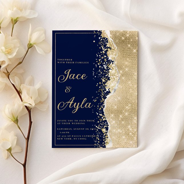 Lyxig marinblå glitter guldfärgad Bröllop Inbjudningar (Classy luxury navy blue gold glitter Wedding )