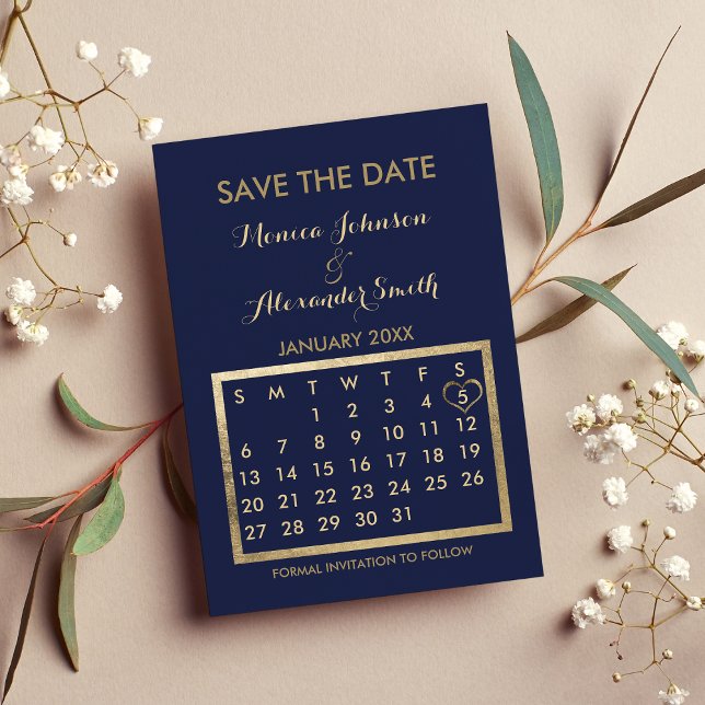 Lyxig marinblå Guld kalender Spara datumet Meddelande Vykort (Luxury navy Blue Gold Calendar Save the Date )