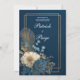 Lyxig Marinblå Guld Palm Blommig Bröllop Inbjudningar