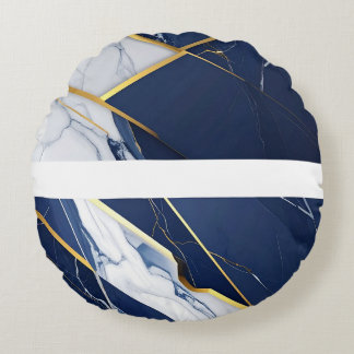 Lyxig Marinblå och Guld Marmor Geometriskt Mönster Rund Kudde