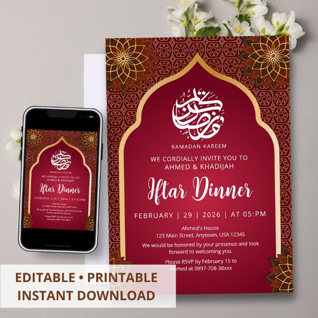 Lyxig Marinröd Guld Blommig Mandala Iftar-inbjudan Inbjudningar (Skapare uppladdad)