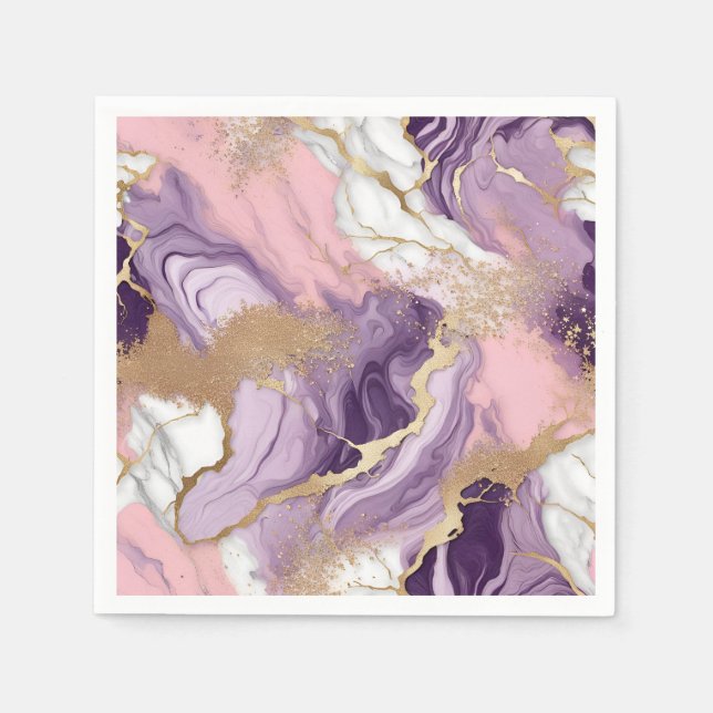 Lyxig marmor glitter rosa lila guld pappersservett (Framsidan)