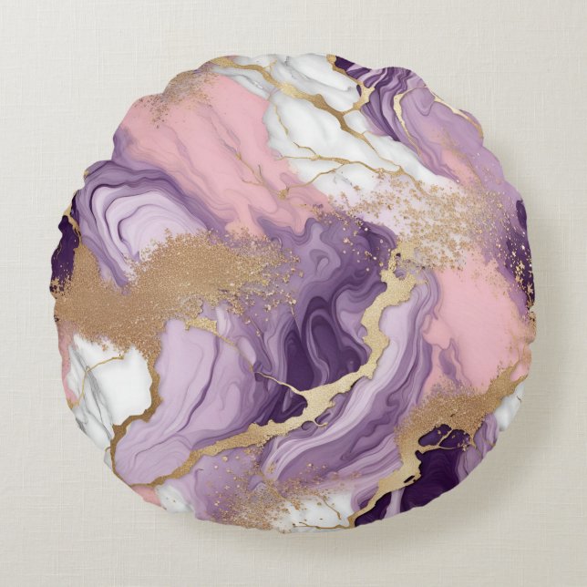 Lyxig marmor glitter rosa lila guld rund kudde (Framsidan)