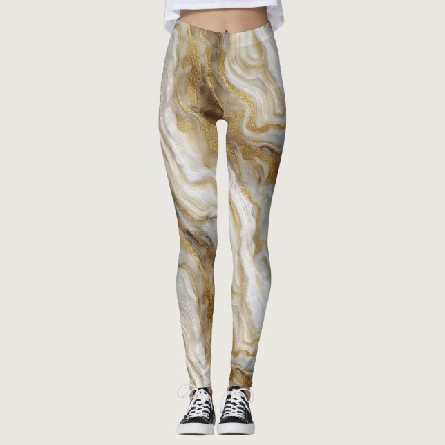 Lyxig marmor guld vit harmoni abstrakt mönster leggings (Framsida)