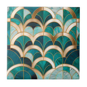 Lyxig marmormosaik Art Deco turkos blå guld Kakelplatta