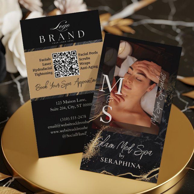 Lyxig Med Spa Estetiker Svart Guld Agat Visitkort (Luxury Med Spa Esthetician Black Gold Agate Business Card)