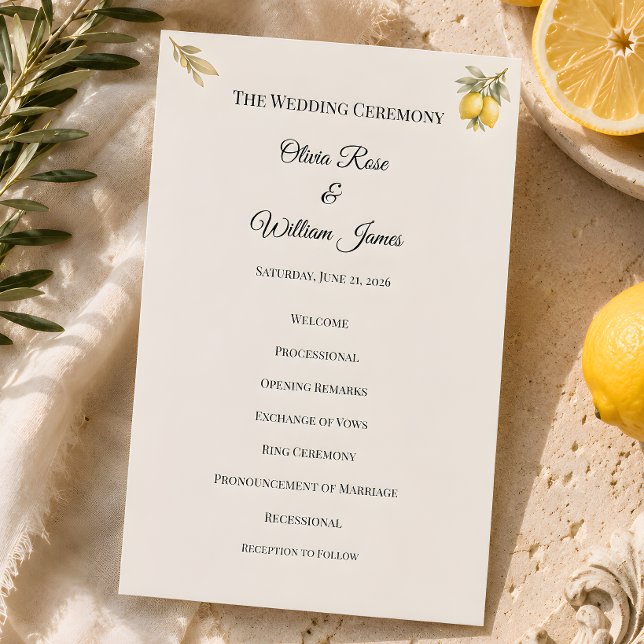Lyxig medelhavsinspirerad bröllopsceremoni-program program (Wedding ceremony program )