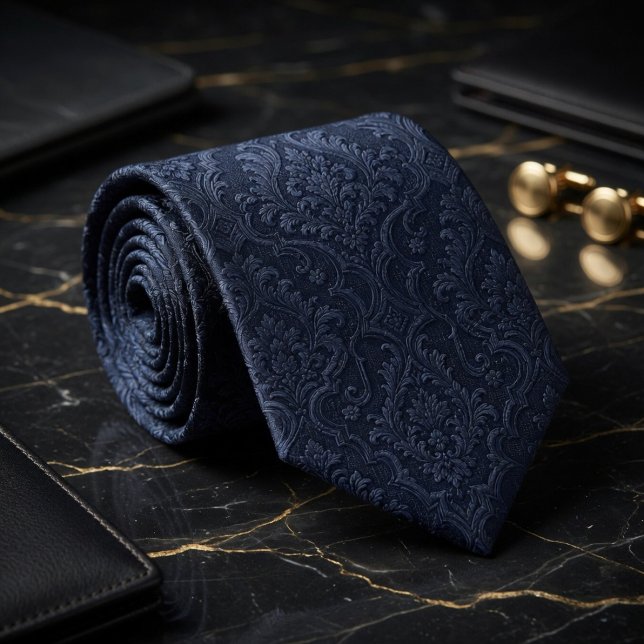 Lyxig Midnight Navy Siden Jacquard Barock Damast Slips (Skapare uppladdad)