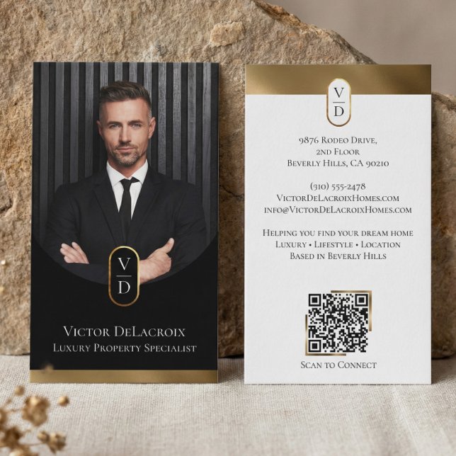 Lyxig Modern Guld Båge Monogram Fastighetsfoto Visitkort (Luxury Modern Gold Arch Monogram Real Estate Photo Business Card)
