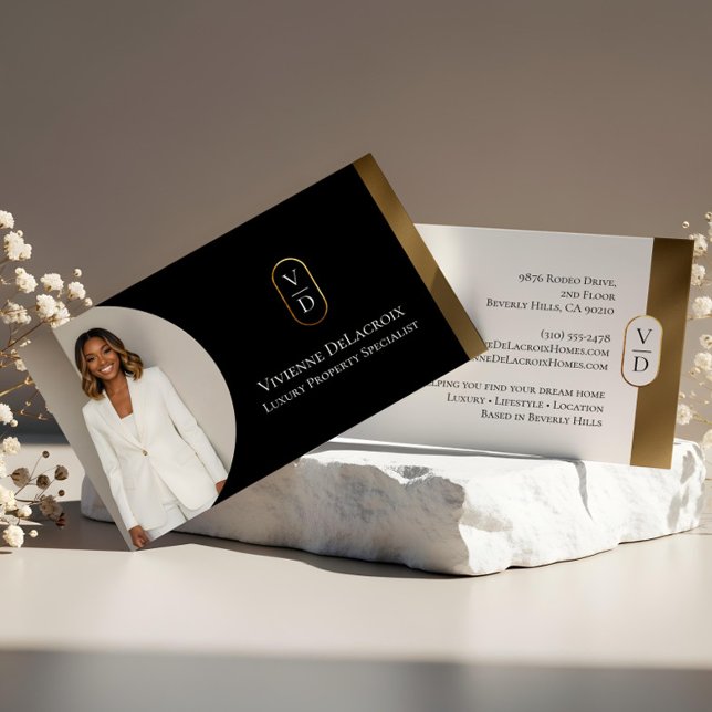 Lyxig Modern Guld Båge Monogram Fastighetsfoto Visitkort (Luxury Modern Gold Arch Monogram Real Estate Photo Business Card)