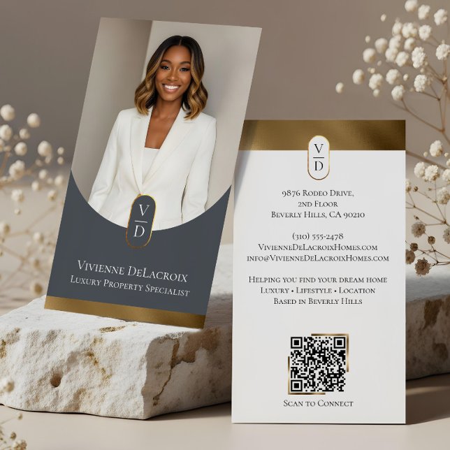 Lyxig Modern Guld Båge Monogram Fastighetsfoto Visitkort (Luxury Modern Gold Arch Monogram Real Estate Photo Business Card)