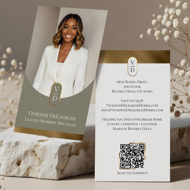 Lyxig Modern Guld Båge Monogram Fastighetsfoto Visitkort (Luxury Modern Gold Arch Monogram Real Estate Photo Business Card)