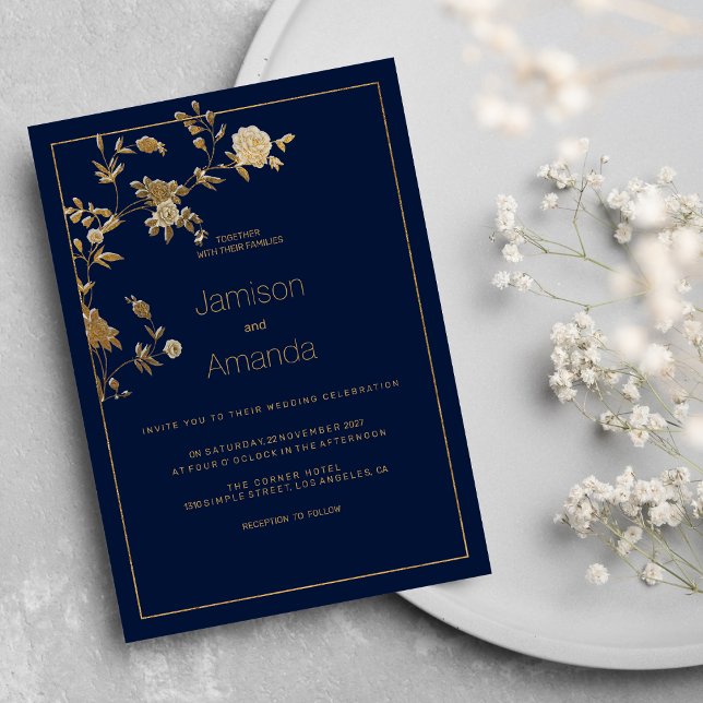 Lyxig modern guldblommig marinblå Bröllop Inbjudningar (Luxury modern gold floral navy blue Wedding )