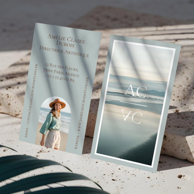 Lyxig Monogram Feminint Ocean Strand Foto Visitkort (Ocean Shoreline Luxury Monogram Feminine Photo Business Card)