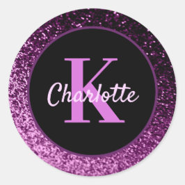 Lyxig monogram med födelsedagsviolett rosa glitter runt klistermärke