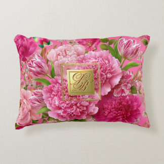 Lyxig monogrammerad rosa trädgårdsblomma prydnadskudde