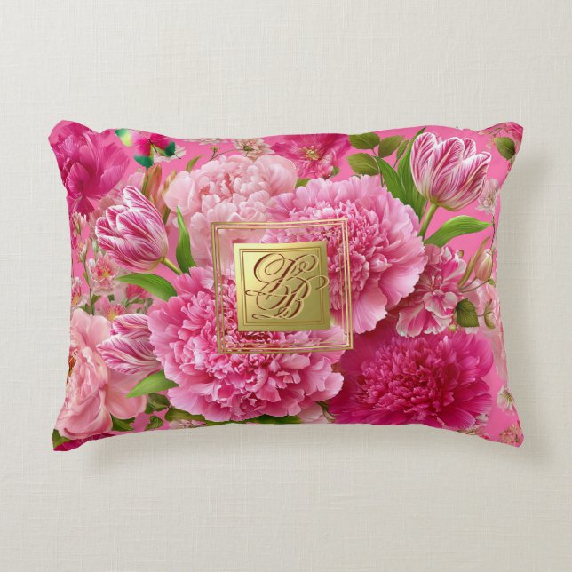 Lyxig monogrammerad rosa trädgårdsblomma prydnadskudde (Framsidan)