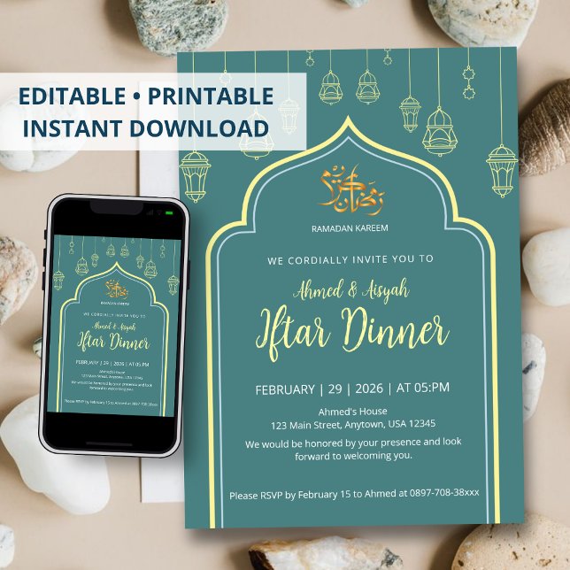 Lyxig Mörk Teal & Guld Båge Ramadan Iftar Inbjudningar (Skapare uppladdad)