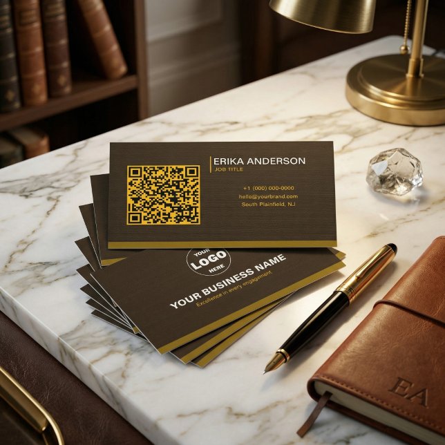 Lyxig Mörkbrun Texturerad QR-kod Minimal Guld Visitkort (Luxury Dark Brown Textured QR Code Minimal Gold Business Card)