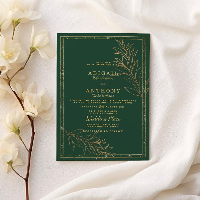Lyxig mörkgrön guldglitter blad blomster Bröllop Inbjudningar (Luxury dark green gold glitter leaf floral Wedding)